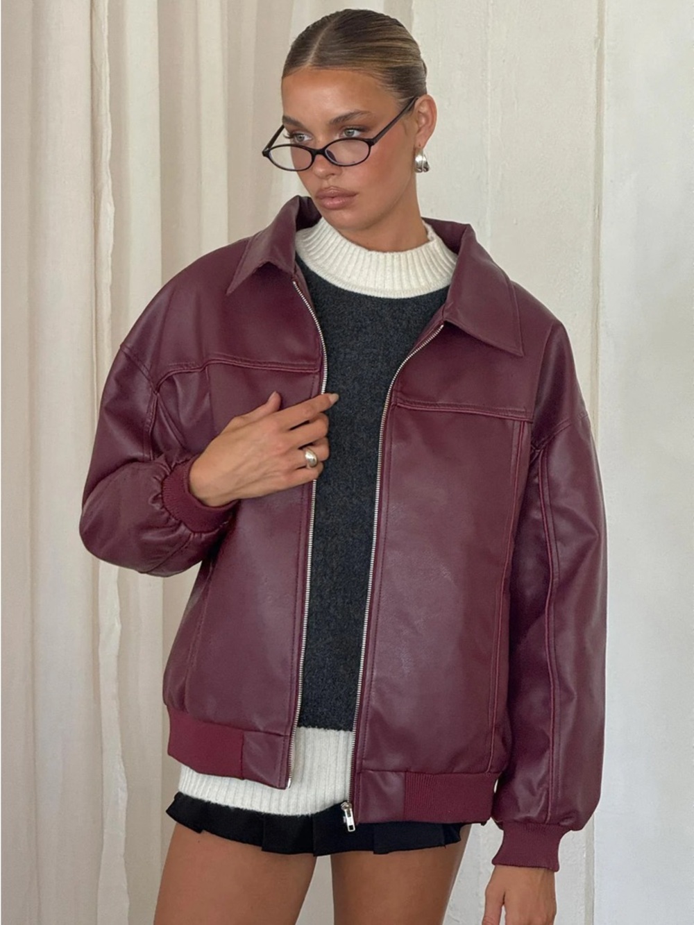 Princess Polly Goldsmith Faux Leather Bomber Jacket Burgundy